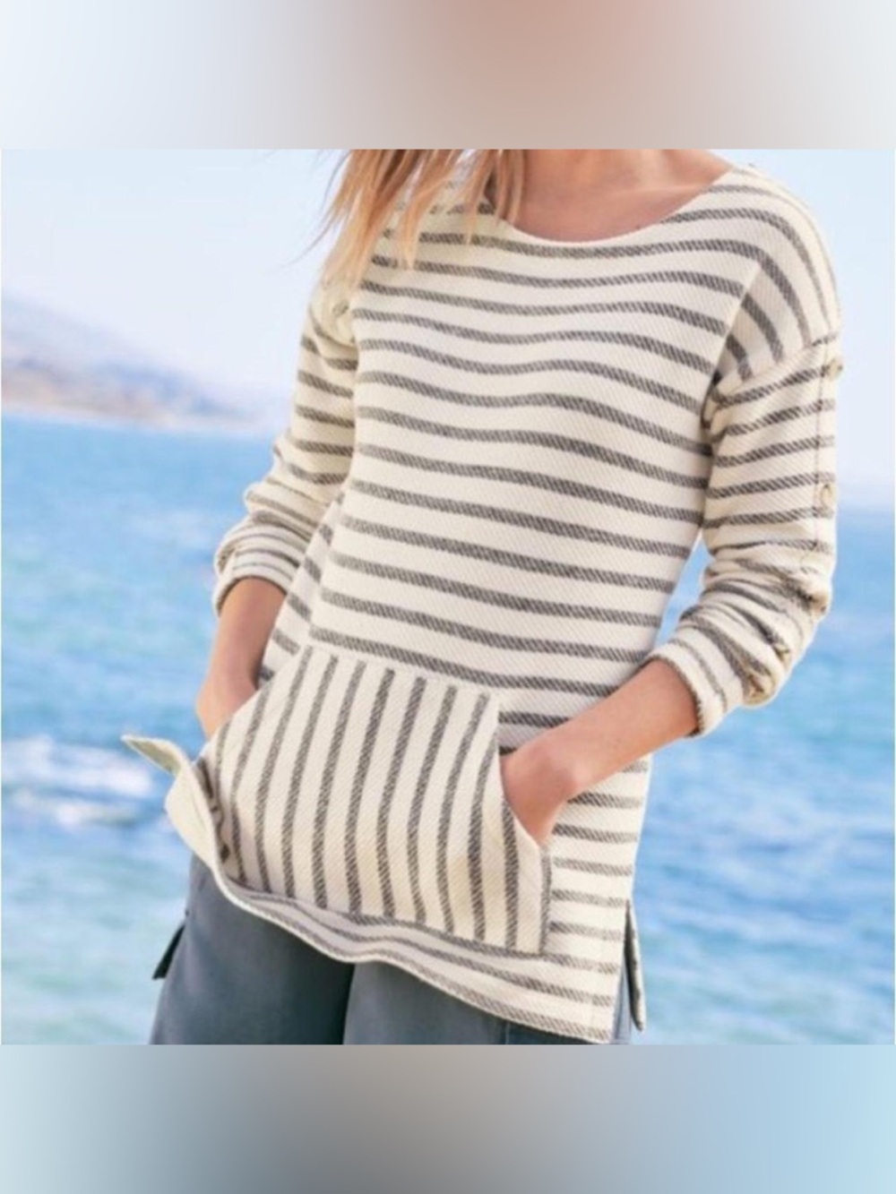 Soft Surroundings Striped Button-Sleeve Kangaroo Pocket Pullover - Small